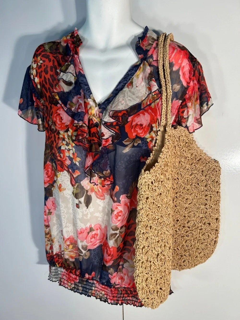 Xhilaration Crochet Raffia & Gold Metallic Tote Bag Boho Travel Beach Cottage